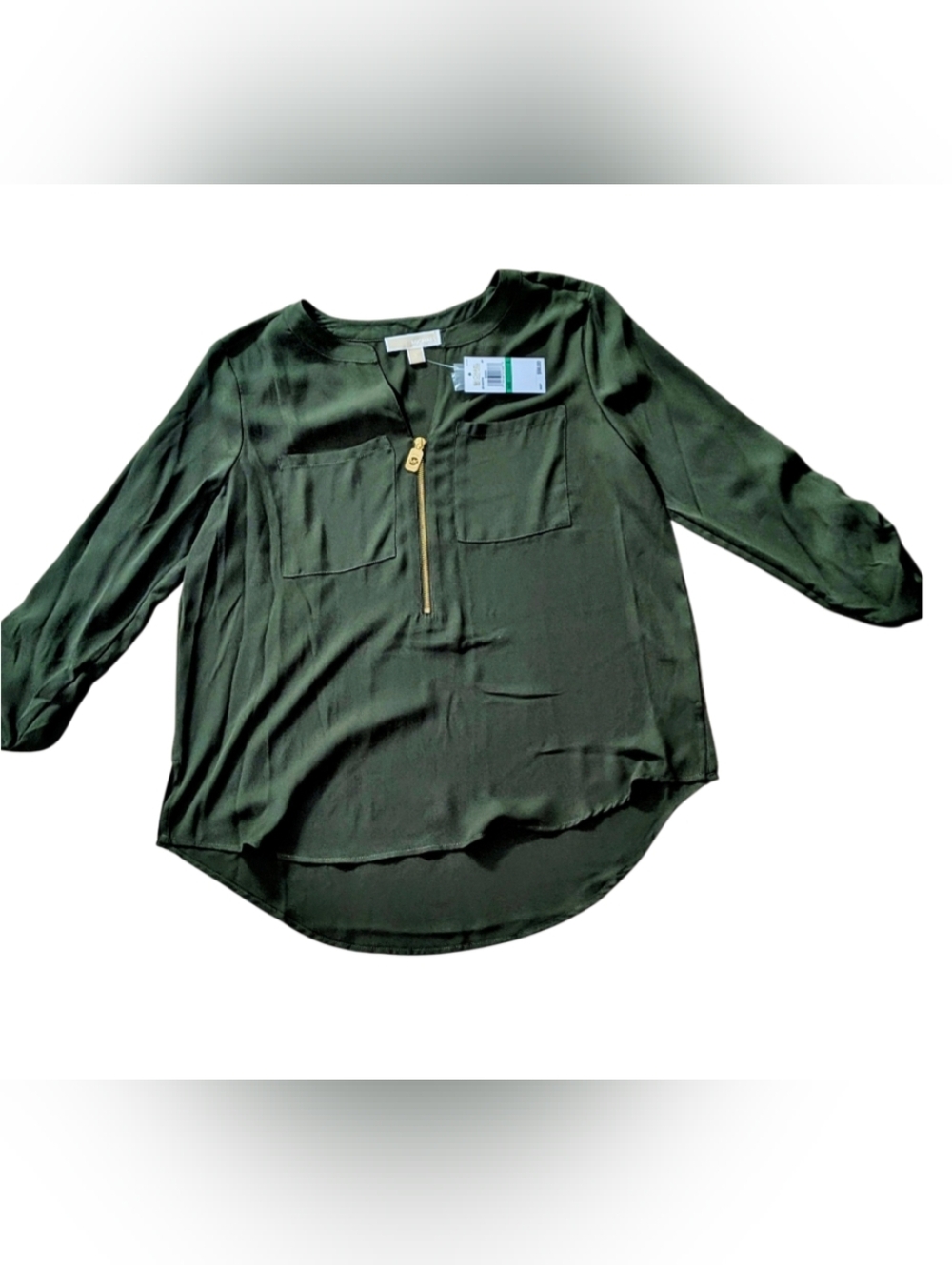 Michael Kors Olive Green Zip-Front Blouse 22" P2P $98 MSRP
